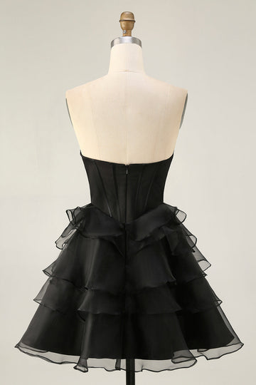Black Strapless Corset Tiered A Line Short Prom Dress with Beading